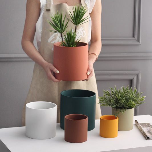 Nordic Industrial Style Colorful Ceramic Flowerpot Succulent Planter Green Plants Cylindrical Shape Flower Pot With Hole Tray